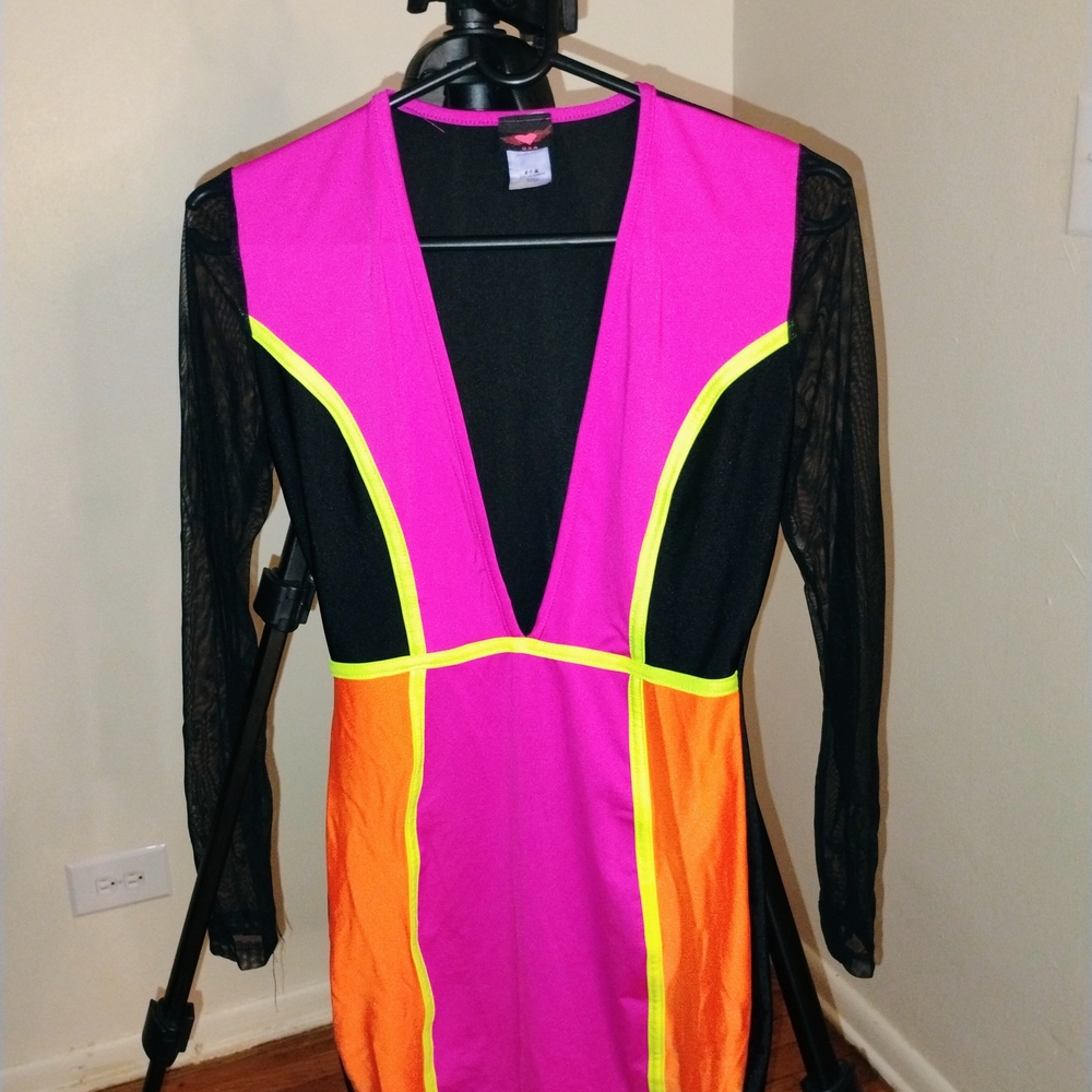Vibrant Colorblock Dress with Mesh Sleeves - Picture 2 of 4